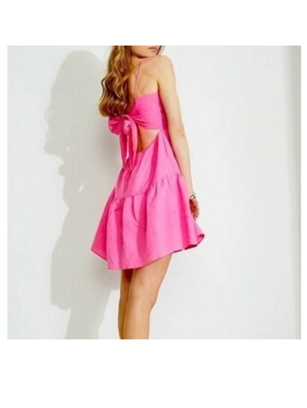 Bardot Pink Linen Blend Tiered Mini Dress Bow Back US-6 M Small Medium